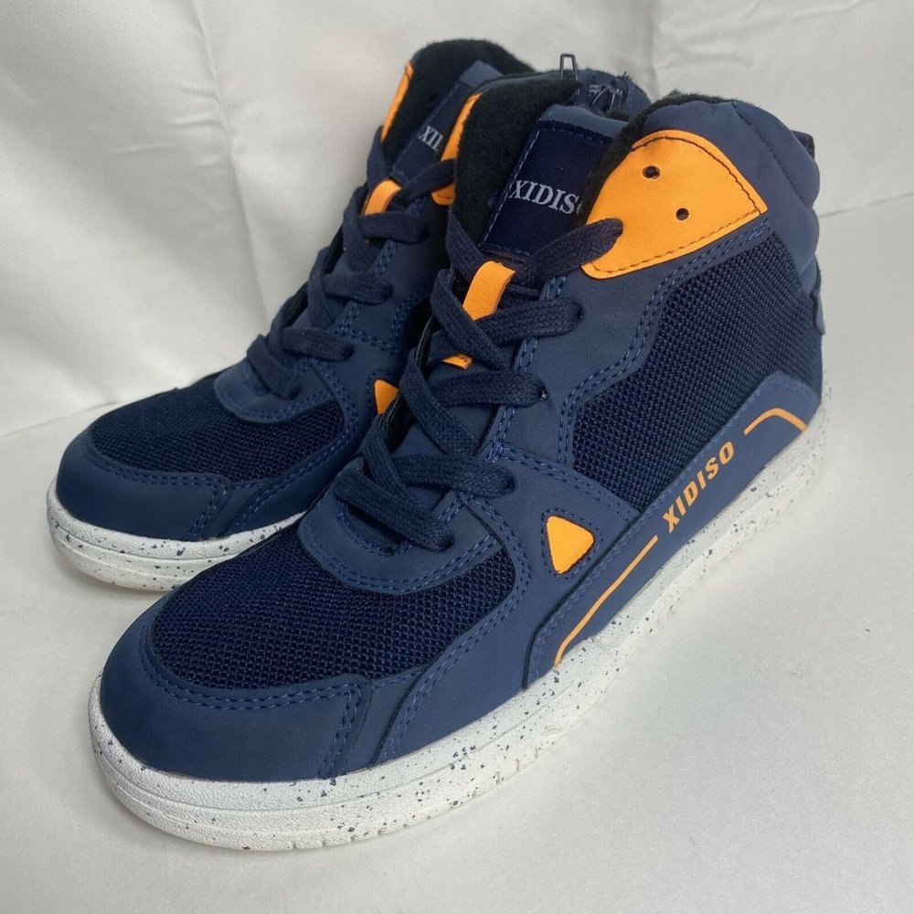 Kids High Top Sneakers XIDISO Navy Blue Orange Side Zip Size 3 Sz 4 Sz 5 Sz 5.5